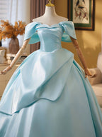 Ball Gown Off Shoulder A-Line Satin Sweep Train Blue Long Prom Dress