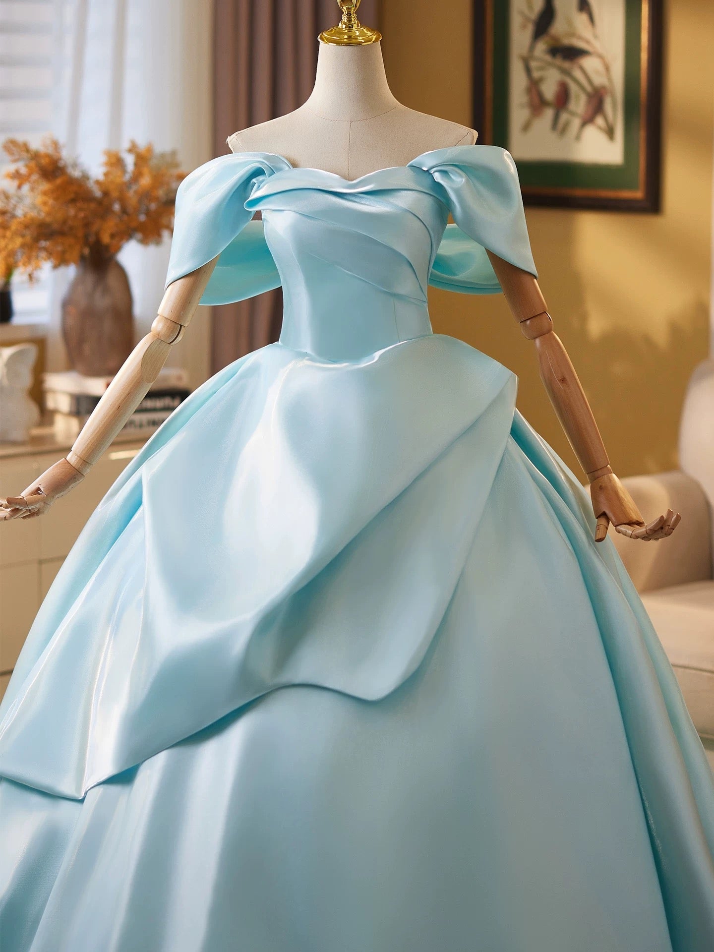 Ball Gown Off Shoulder A-Line Satin Sweep Train Blue Long Prom Dress