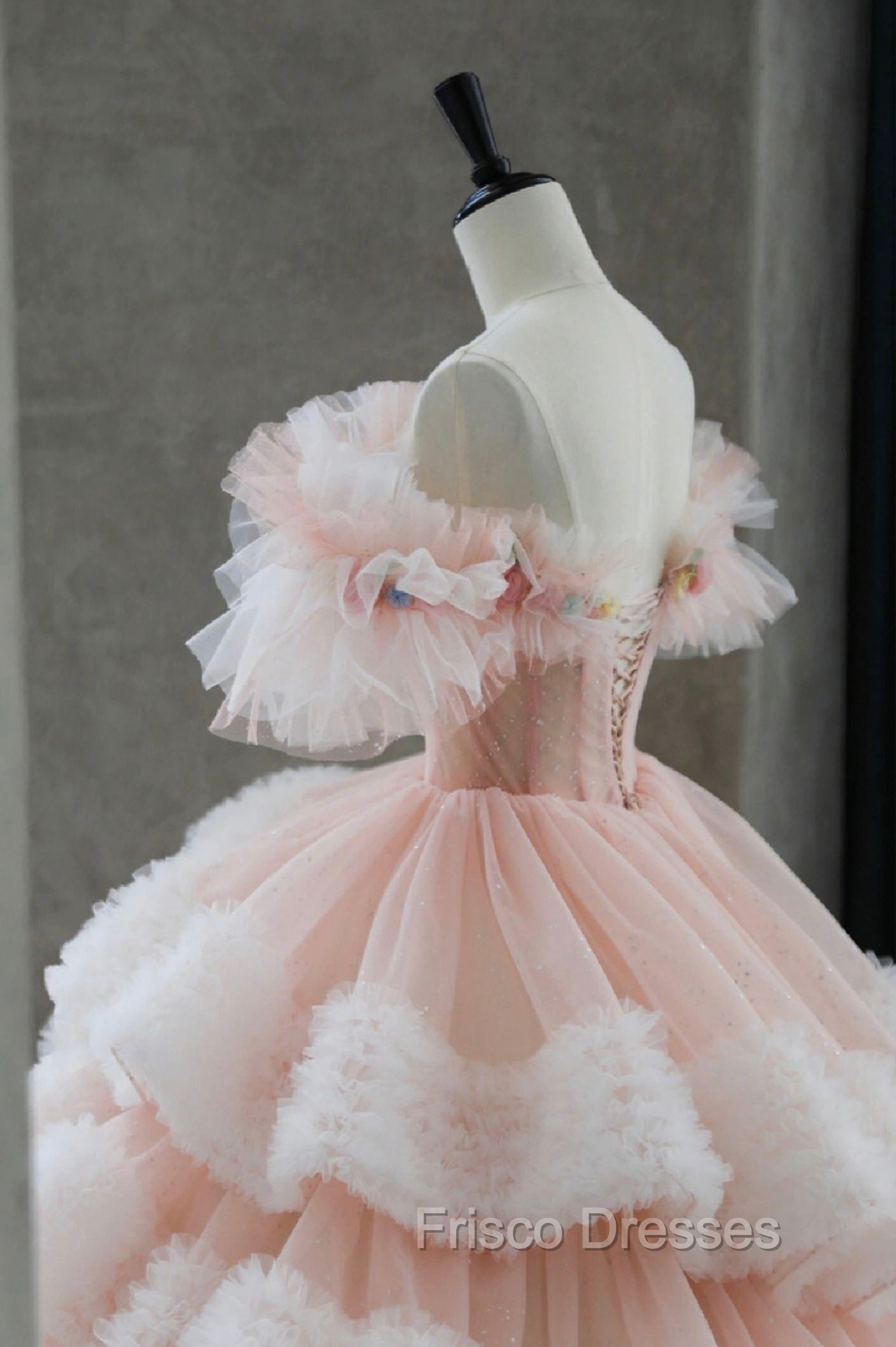 Ball Gown Off Shoulder Pink Tulle Long Formal Prom Dress, Sweet 16 Dress