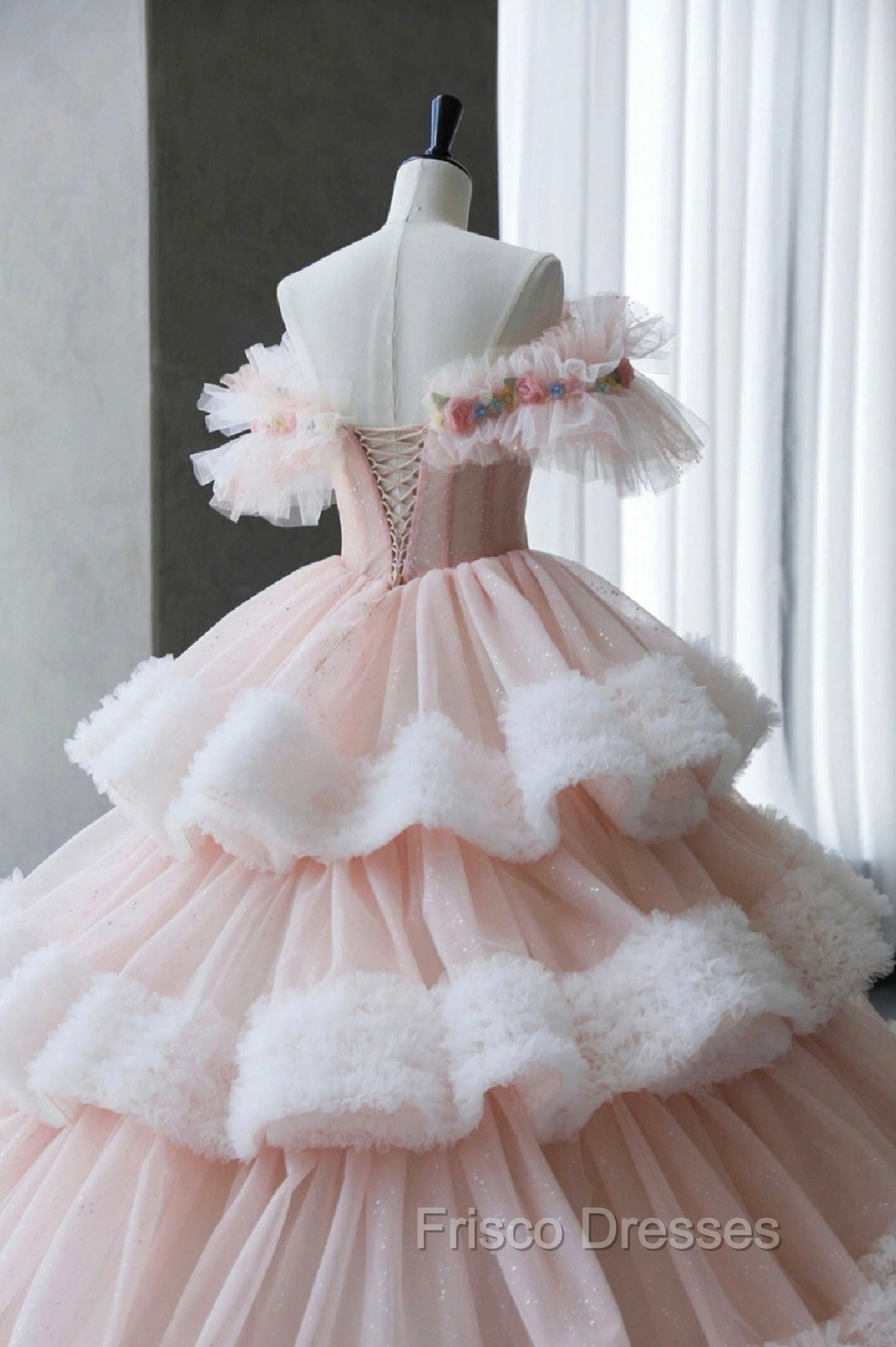 Ball Gown Off Shoulder Pink Tulle Long Formal Prom Dress, Sweet 16 Dress