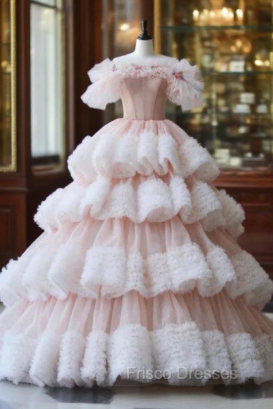 Ball Gown Off Shoulder Pink Tulle Long Formal Prom Dress, Sweet 16 Dress Main image