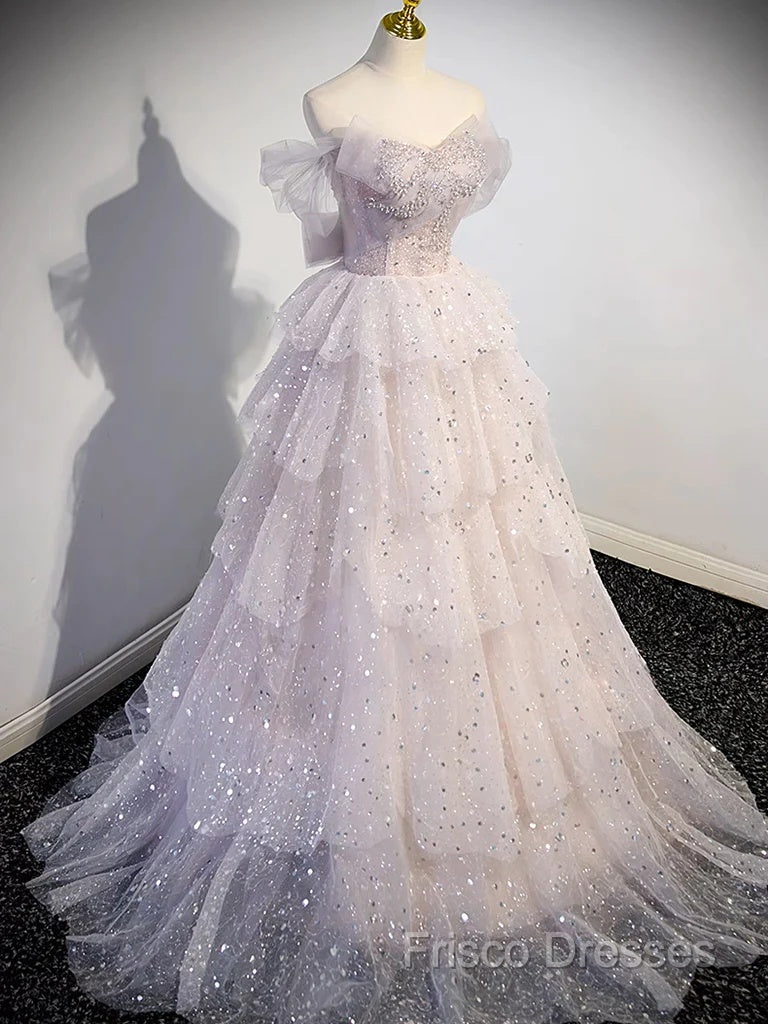 Ball Gown Off Shoulder Tulle Sequin Light Pink Long Formal Prom Dress Secondary image
