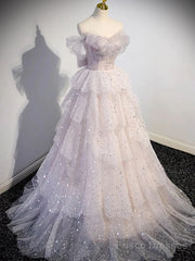 Ball Gown Off Shoulder Tulle Sequin Light Pink Long Prom Dress