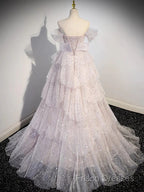 Ball Gown Off Shoulder Tulle Sequin Light Pink Long Formal Prom Dress