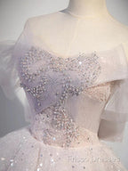 Ball Gown Off Shoulder Tulle Sequin Light Pink Long Formal Prom Dress