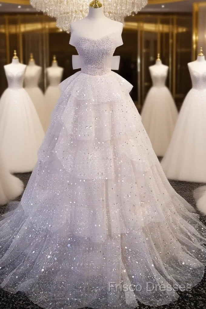 Ball Gown Off Shoulder Tulle Sequin Light Pink Long Formal Prom Dress Main image
