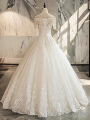 Ball-Gown Off-The-Shoulder 1/2 Sleeves Appliques Lace Floor-Length Tulle Wedding Dress