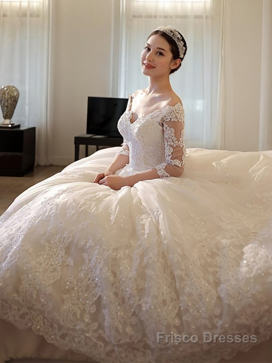 Ball Gown Off-the-Shoulder Cathedral Train Tulle Wedding Dresses With Beading Main image