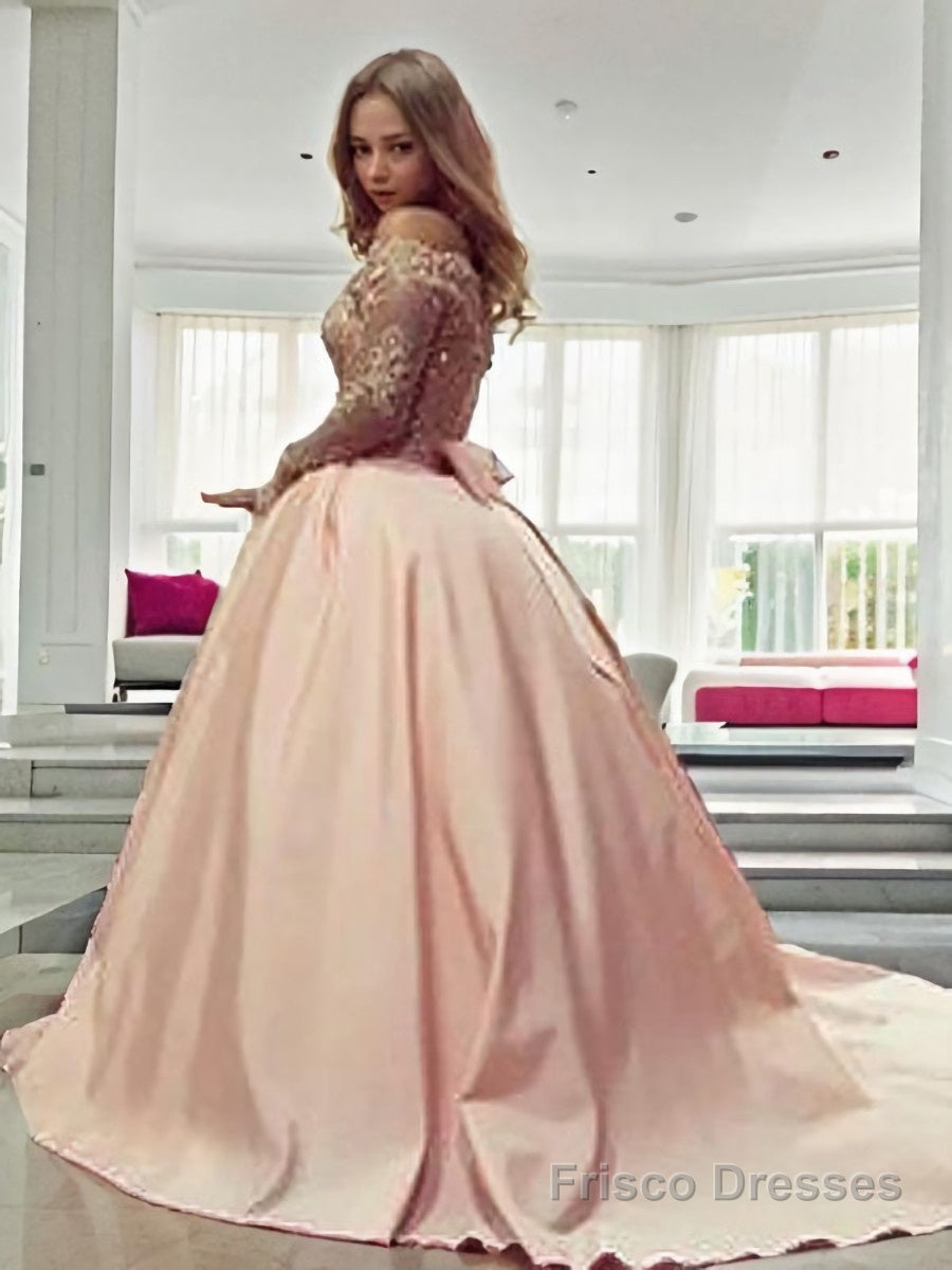 Ball Gown Off-the-Shoulder Court Train Satin Prom Dresses With Bow Secondary image