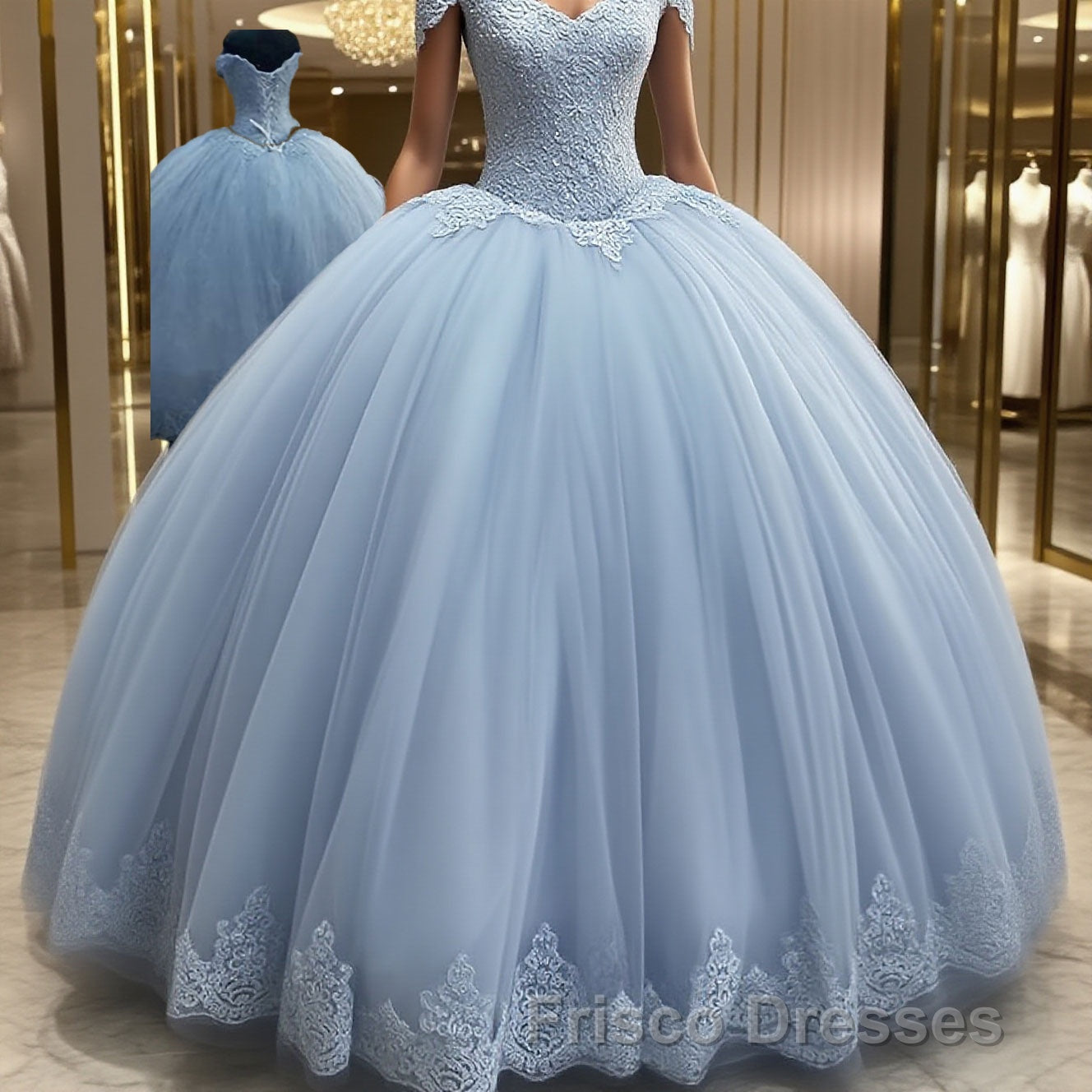 Ball Gown Off-the-Shoulder Floor-Length Tulle Formal Prom Dress With Appliques Lace