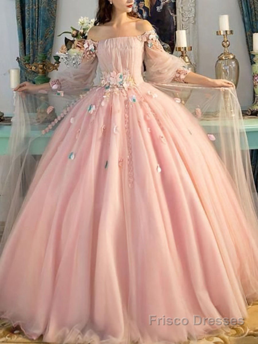 Ball Gown Off-the-Shoulder Floor-Length Tulle Prom Dresses With Flower Secondary image
