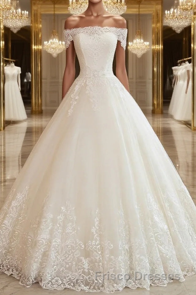 Ball Gown Off-the-Shoulder Floor-Length Tulle Wedding Dress With Appliques Lace Main image