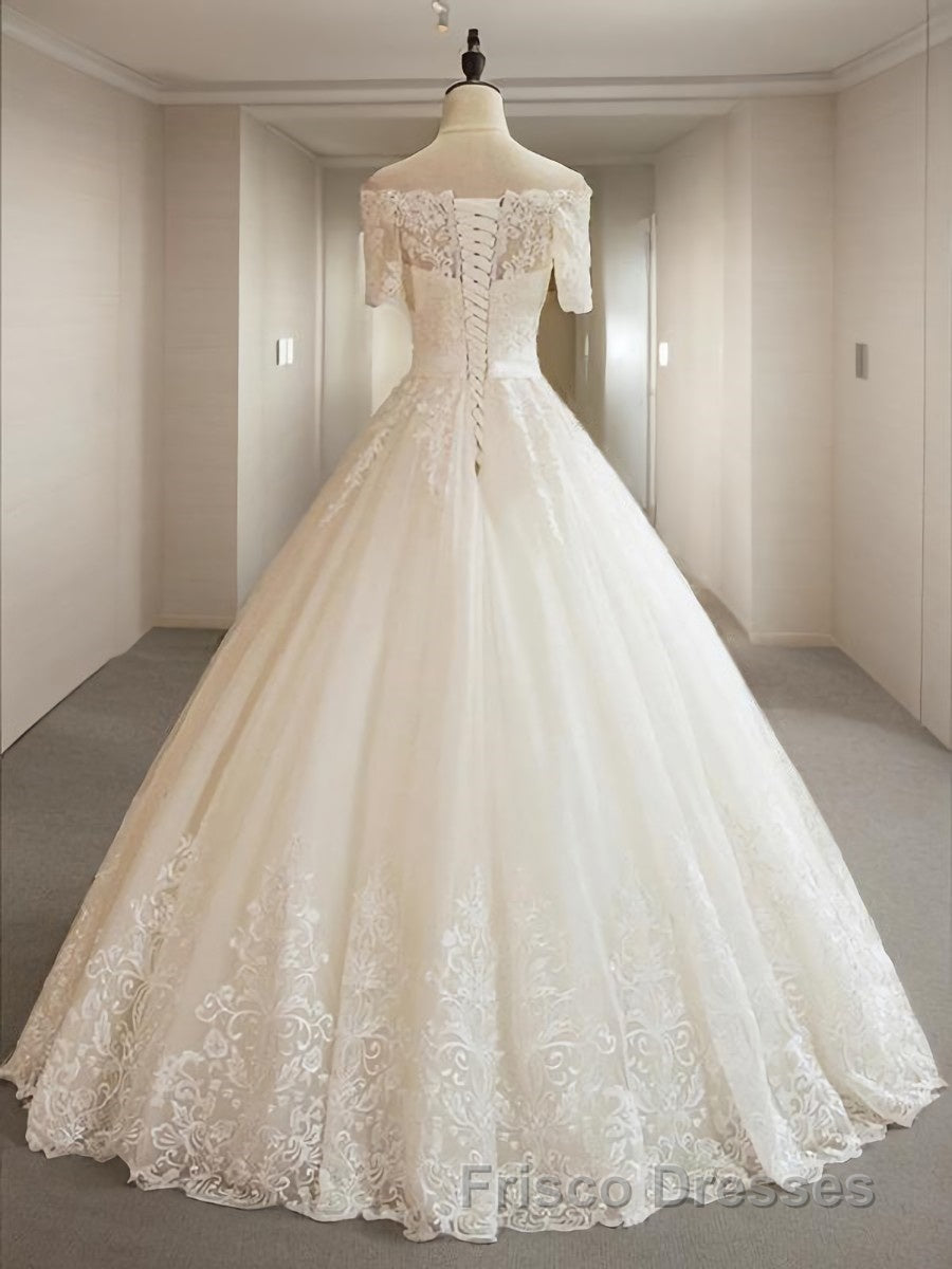 Ball Gown Off-the-Shoulder Floor-Length Tulle Wedding Dress With Appliques Lace Secondary image