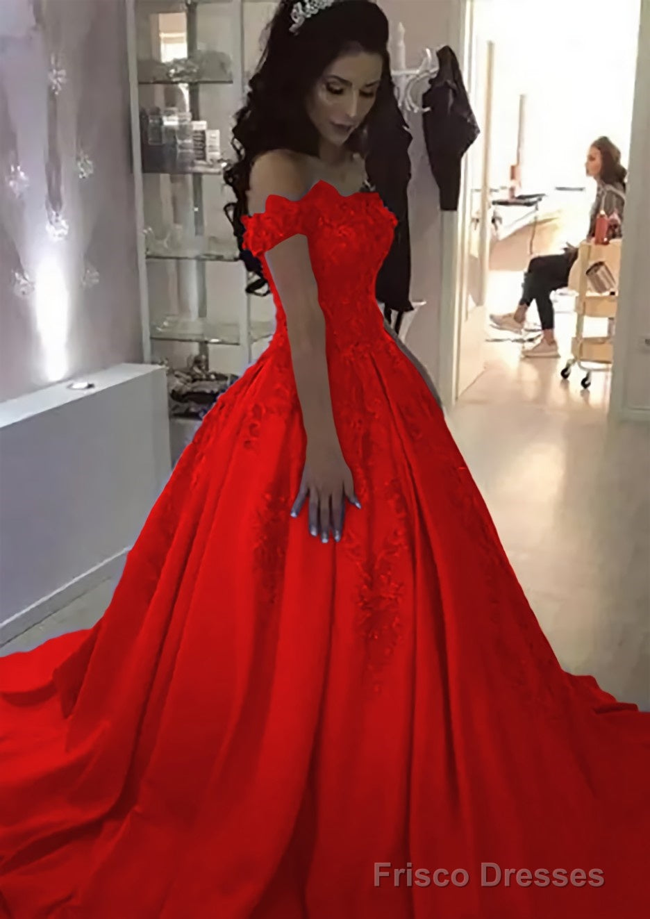 Ball Gown Off-the-Shoulder Sleeveless Sweep Train Satin Prom Dresses With Appliqued Beading