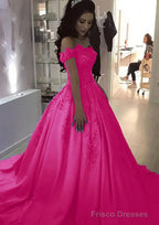 Ball Gown Off-the-Shoulder Sleeveless Sweep Train Satin Prom Dresses With Appliqued Beading