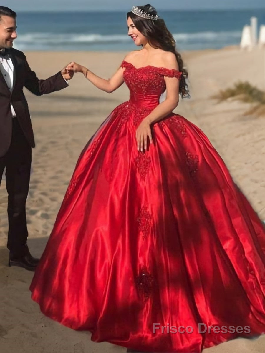 Ball Gown Off-the-Shoulder Sweep Train Satin Prom Dresses With Appliques Lace Main image