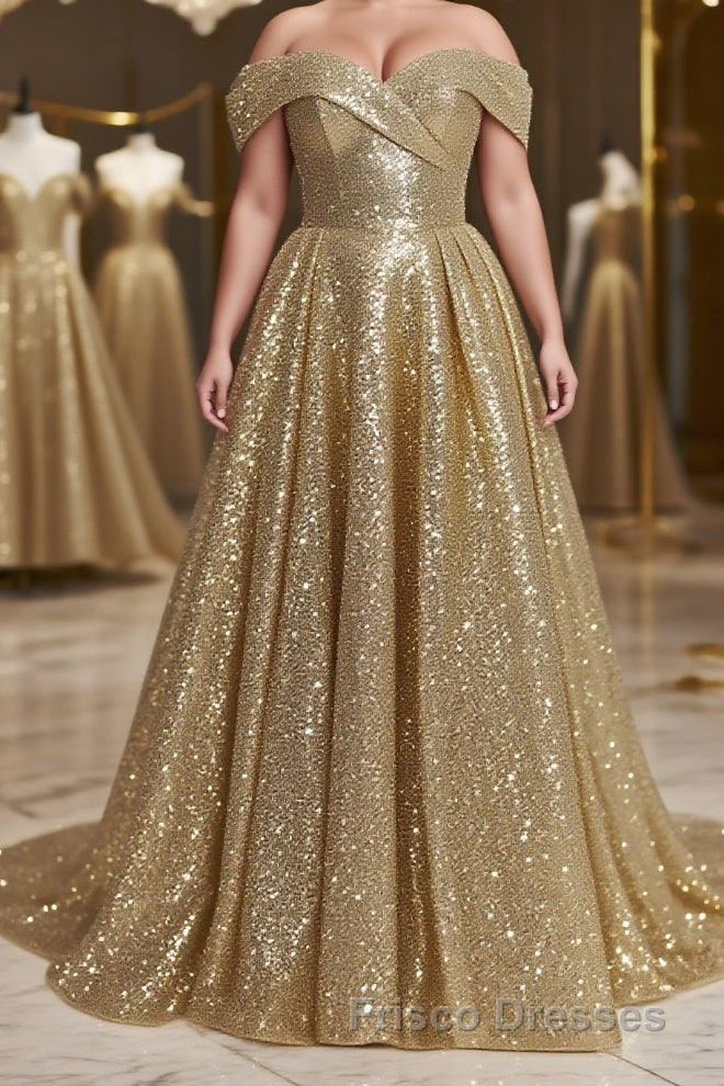 Ball Gown Off-the-Shoulder Sweep Train Sequins Formal Prom Dress With Lace