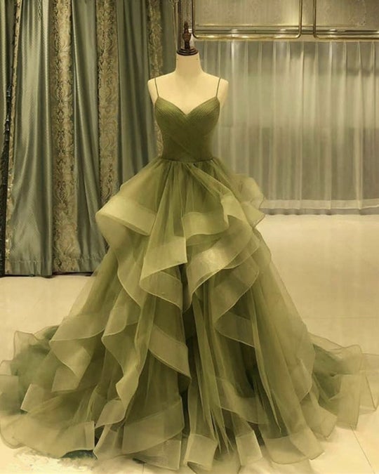 Green/Purple/Blue Fashion Elegant Spaghetti Strap Long Organza Ruffles Ball Gown Evening Gown Graduation Gown Adult Ceremony Gown Main image