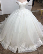 Ball Gown Organza Wedding Dress Lace Appliques Off Shoulder