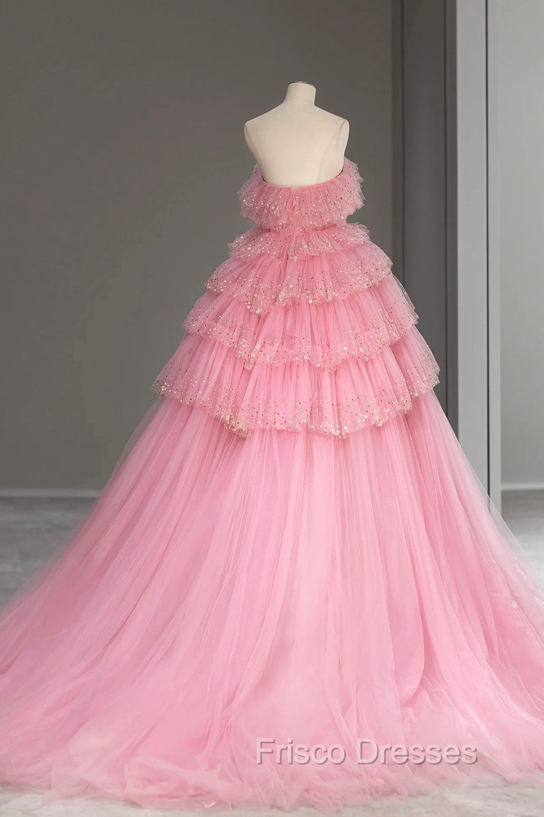 Ball Gown Pink Tulle Sequins Long Formal Prom Evening Dress, Beautiful Pink Strapless Sweet 16 Dress Secondary image