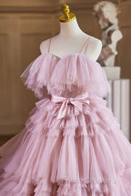 Ball Gown Pink Tulle Spaghetti Strap Long Formal Prom Evening Dress, Pink Sweet 16 Dress