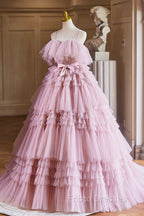 Ball Gown Pink Tulle Spaghetti Strap Long Formal Prom Evening Dress, Pink Sweet 16 Dress