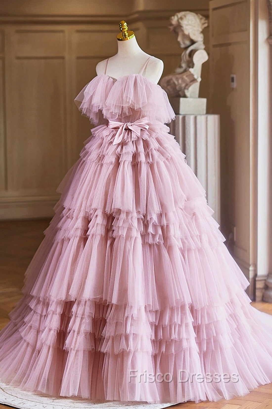 Ball Gown Pink Tulle Spaghetti Strap Long Formal Prom Evening Dress, Pink Sweet 16 Dress