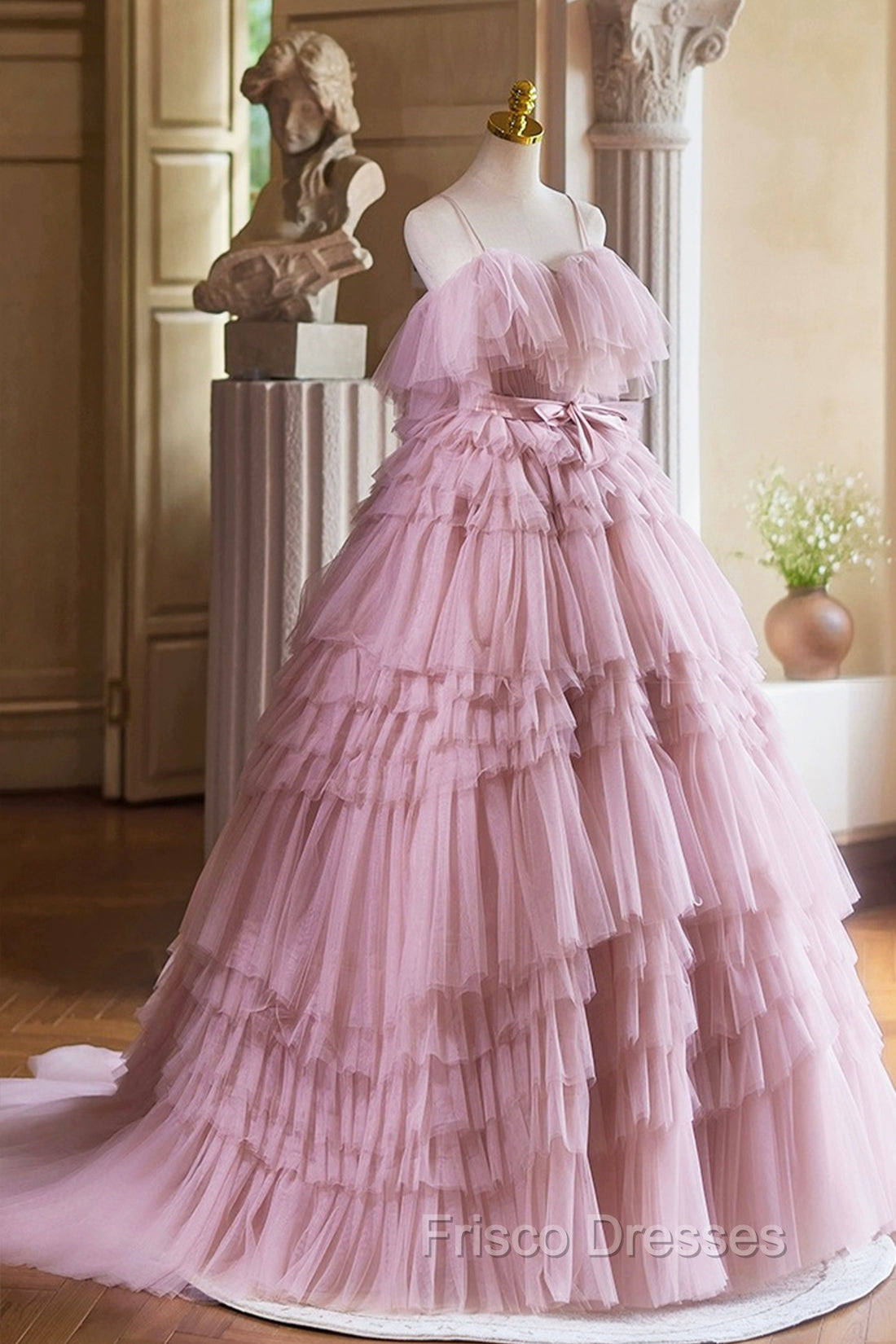 Ball Gown Pink Tulle Spaghetti Strap Long Formal Prom Evening Dress, Pink Sweet 16 Dress