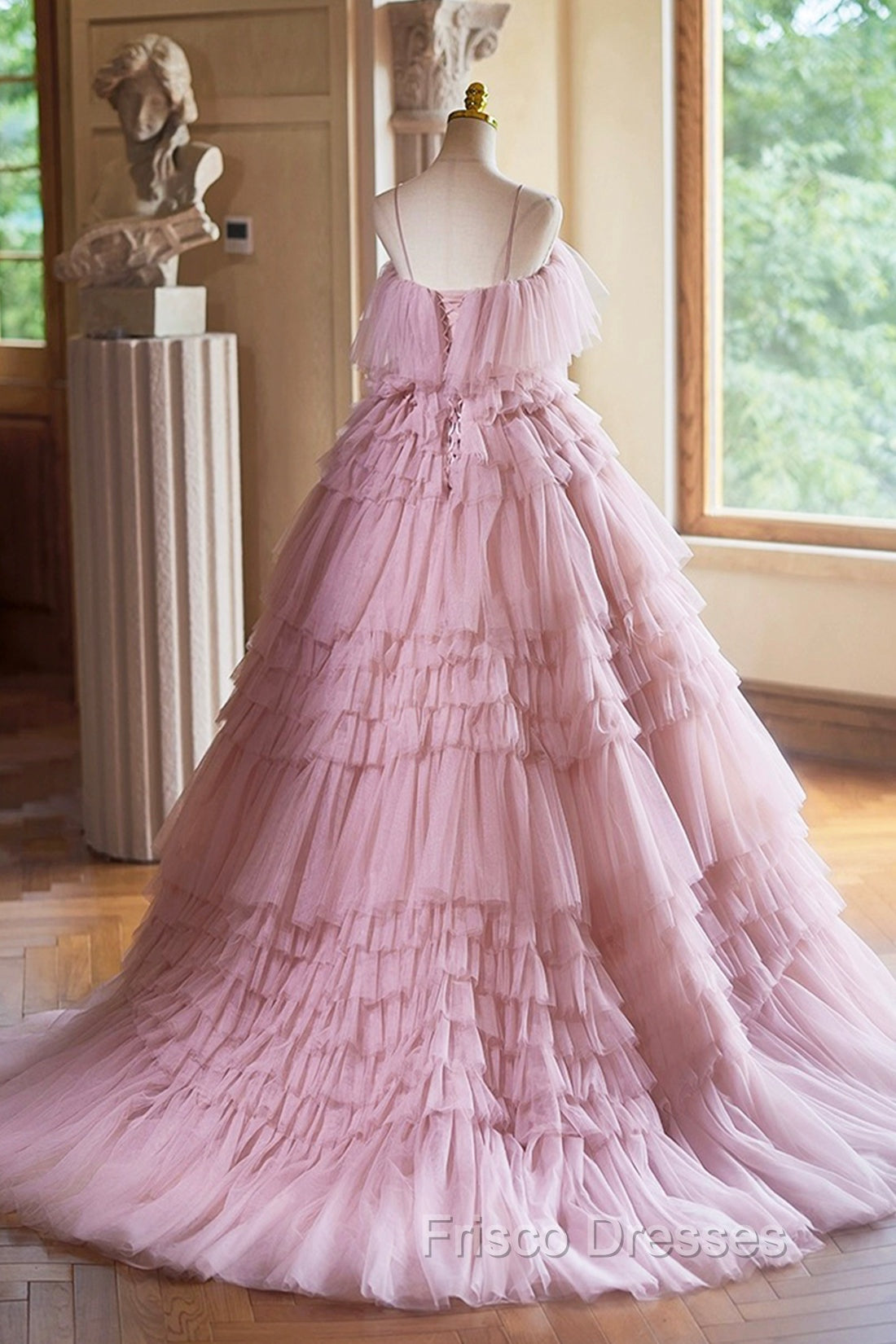 Ball Gown Pink Tulle Spaghetti Strap Long Formal Prom Evening Dress, Pink Sweet 16 Dress
