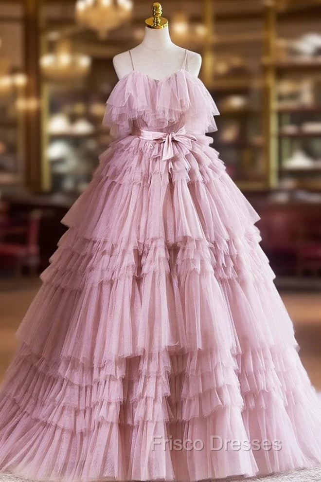 Ball Gown Pink Tulle Spaghetti Strap Long Formal Prom Evening Dress, Pink Sweet 16 Dress