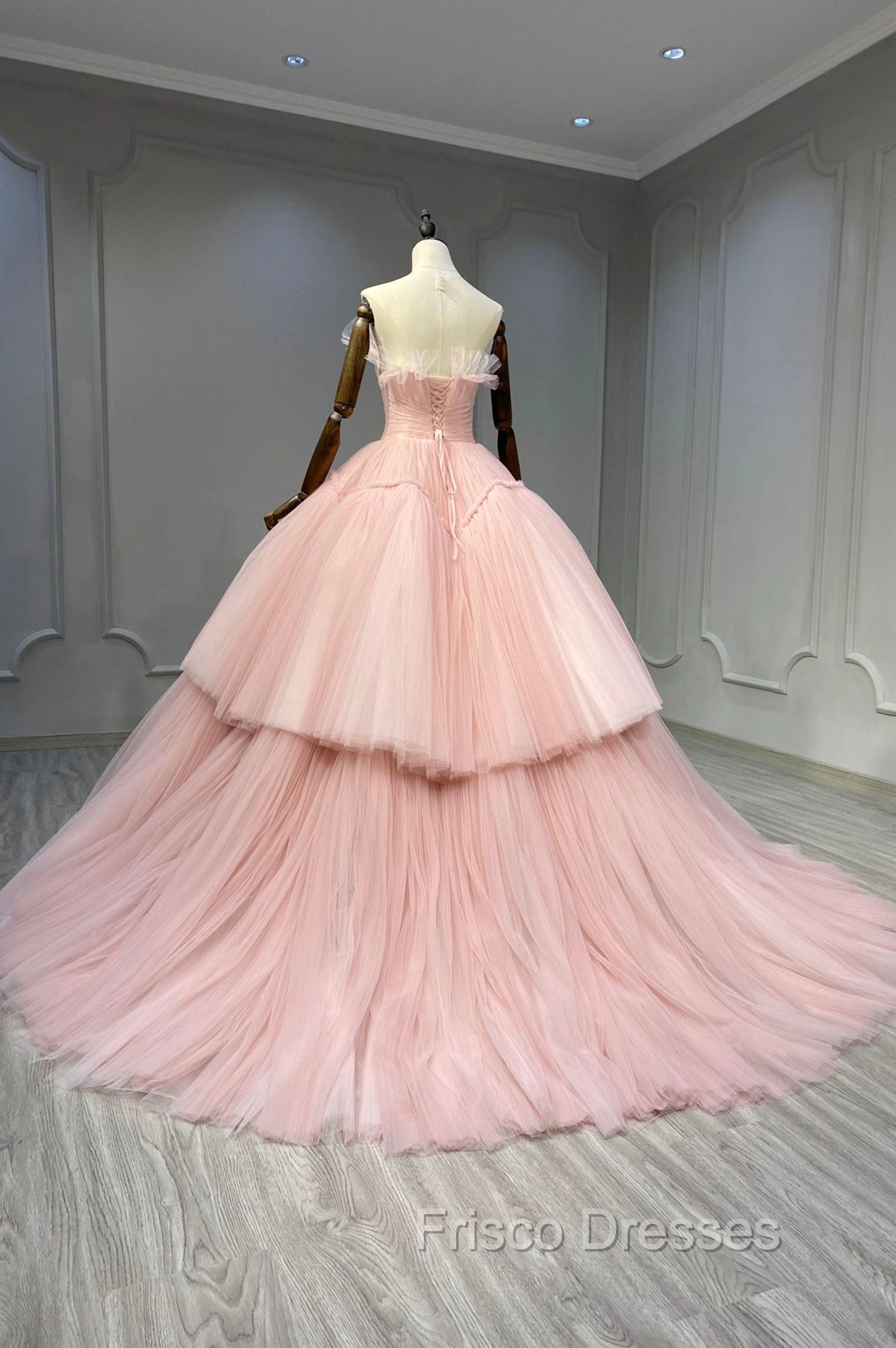 Ball Gown Pink Tulle Strapless Long Formal Prom Evening Dress, Pink Sweet 16 Dress Secondary image