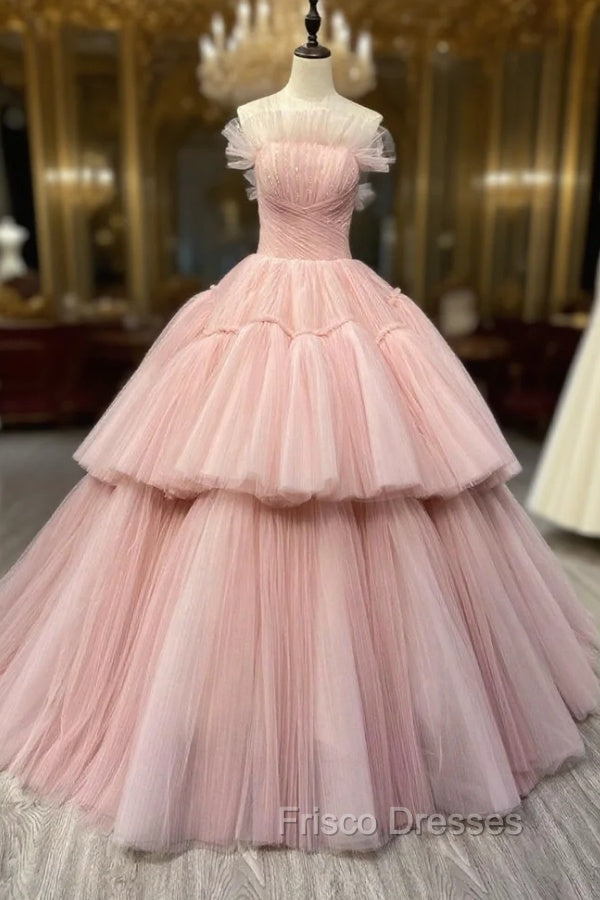 Ball Gown Pink Tulle Strapless Long Formal Prom Evening Dress, Pink Sweet 16 Dress Main image