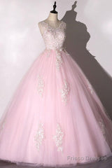 Ball Gown Pink V-Neck Prom Dress Tulle Applique Long Evening Dress