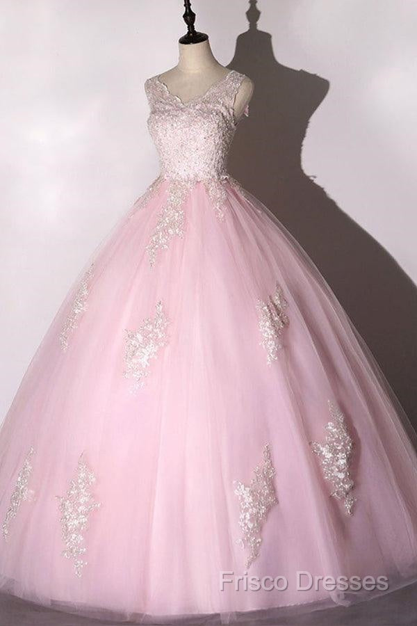 Ball Gown Pink V-Neck Formal Prom Dress Tulle Applique Long Formal Dress