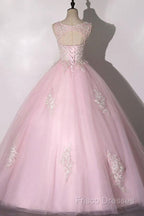 Ball Gown Pink V-Neck Formal Prom Dress Tulle Applique Long Formal Dress