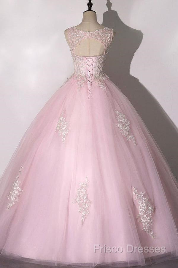 Ball Gown Pink V-Neck Formal Prom Dress Tulle Applique Long Formal Dress