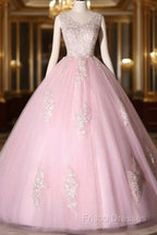 Ball Gown Pink V-Neck Formal Prom Dress Tulle Applique Long Formal Dress