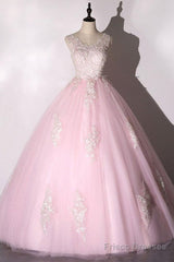 Ball Gown Pink V-Neck Prom Dress Tulle Applique Long Evening Dress