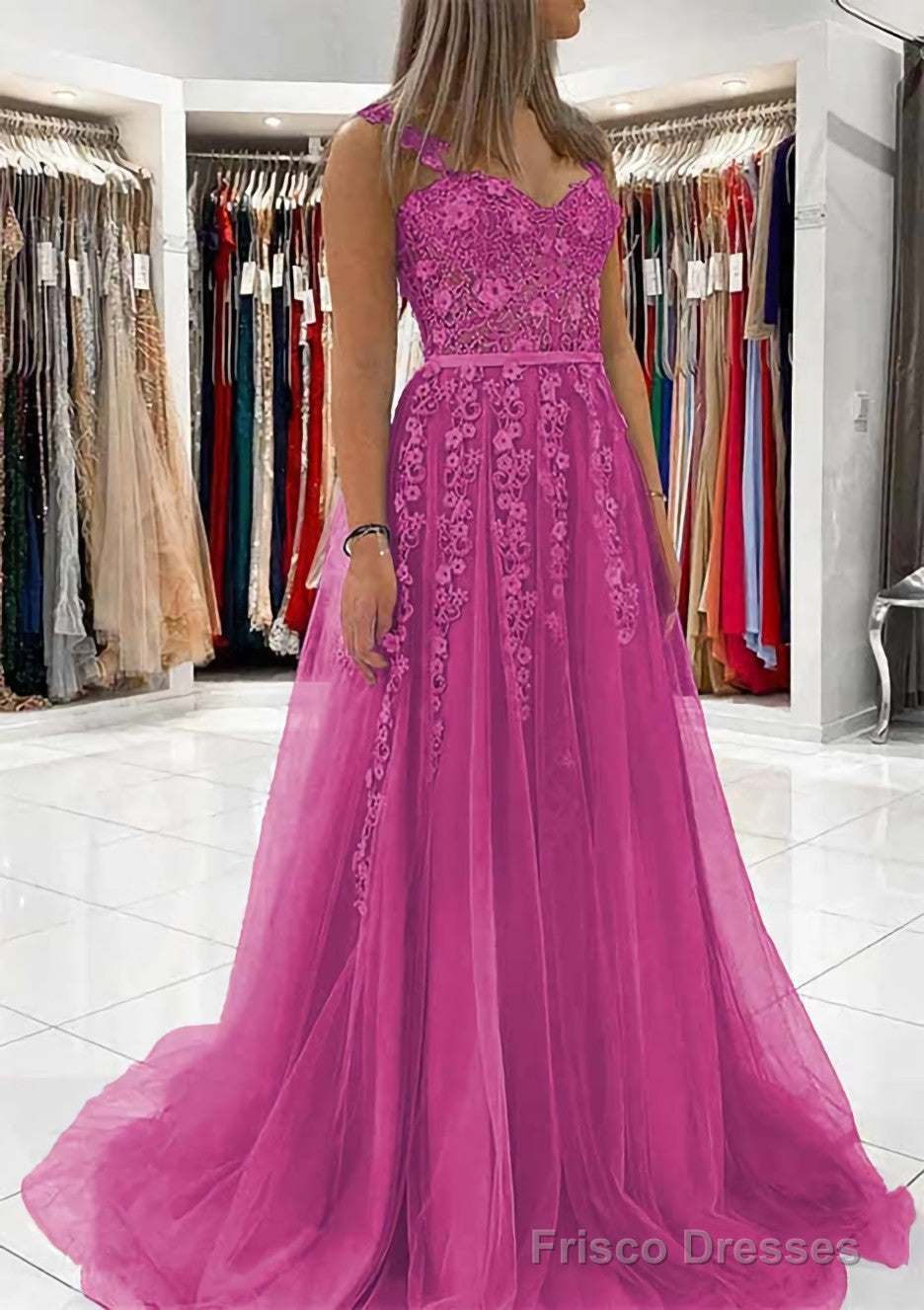 Ball Gown Princess Sweetheart Tulle Sweep Train Prom Dresses With Appliqued Lace