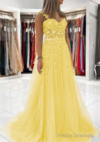 Ball Gown Princess Sweetheart Tulle Sweep Train Prom Dresses With Appliqued Lace