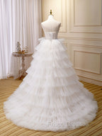 Ball-Gown/Princess Tulle White Long Formal Prom Dress With Beading Flower Cascading Ruffles