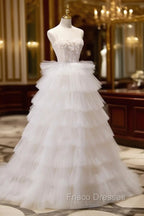 Ball-Gown/Princess Tulle White Long Formal Prom Dress With Beading Flower Cascading Ruffles
