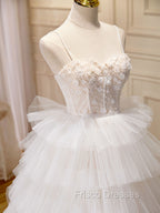 Ball-Gown/Princess Tulle White Long Formal Prom Dress With Beading Flower Cascading Ruffles