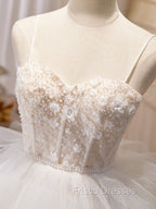 Ball-Gown/Princess Tulle White Long Formal Prom Dress With Beading Flower Cascading Ruffles