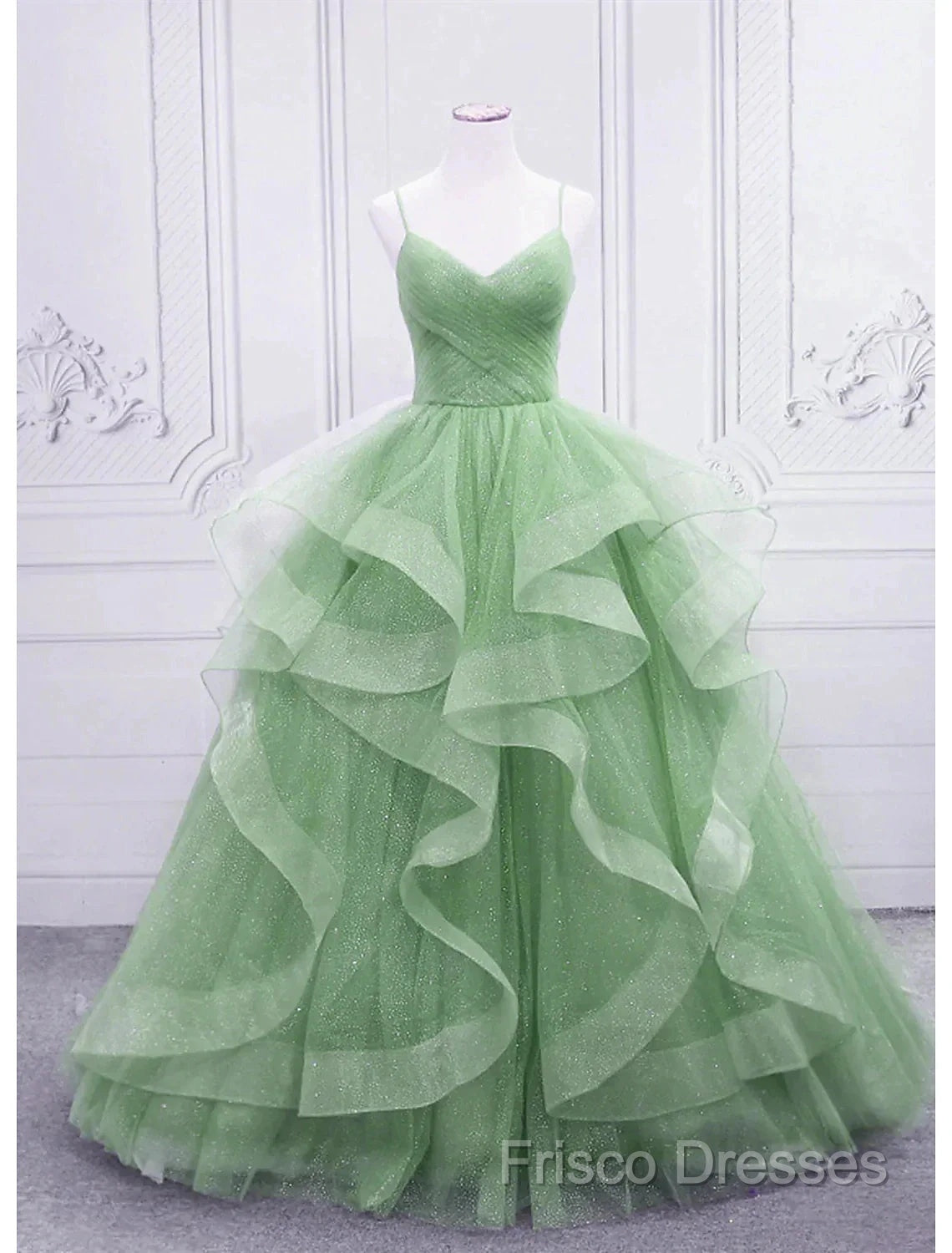 Ball Gown Formal Prom Dress Glittering Dress Formal Floor Length Sleeveless V Neck Tulle With Glitter Ruffles