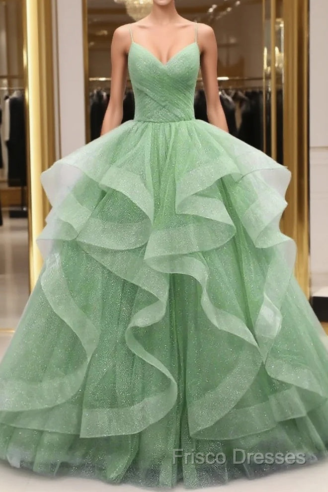 Ball Gown Formal Prom Dress Glittering Dress Formal Floor Length Sleeveless V Neck Tulle With Glitter Ruffles Main image