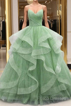 Ball Gown Formal Prom Dress Glittering Dress Formal Floor Length Sleeveless V Neck Tulle With Glitter Ruffles