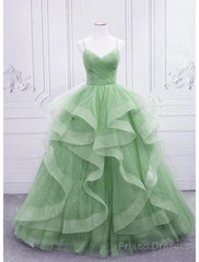 Ball Gown Prom Dresses Glittering Dress Formal Floor Length Sleeveless V Neck Tulle With Glitter Ruffles