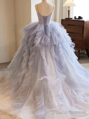 Ball Gown Ruffles Blue Tulle Lace Up Prom Dress