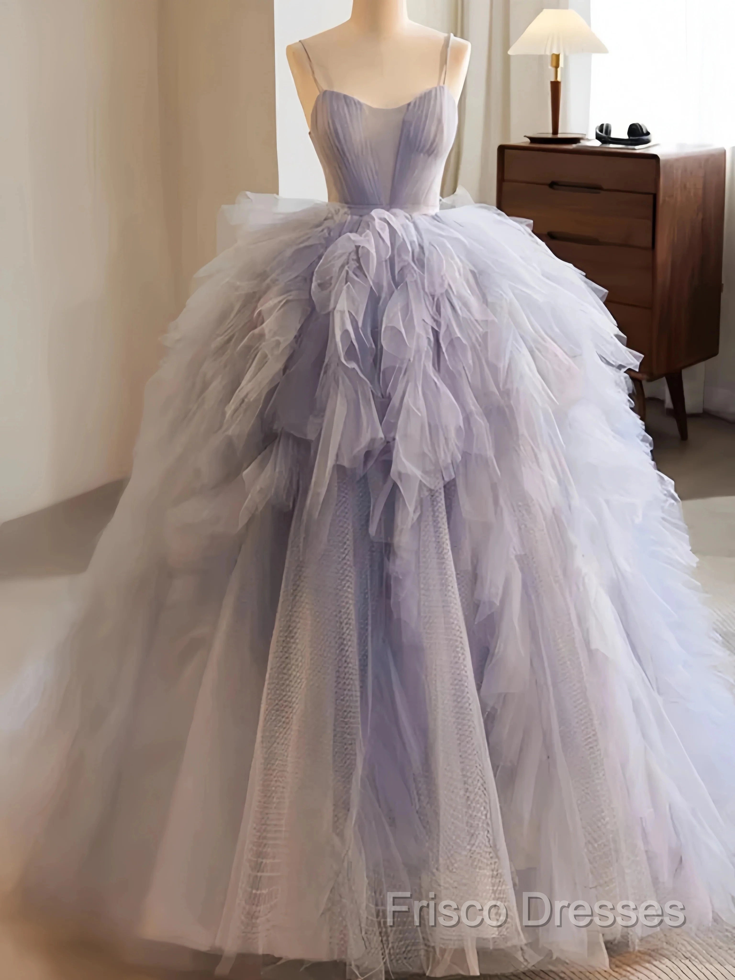 Ball Gown Ruffles Blue Tulle Lace Up Formal Prom Dress